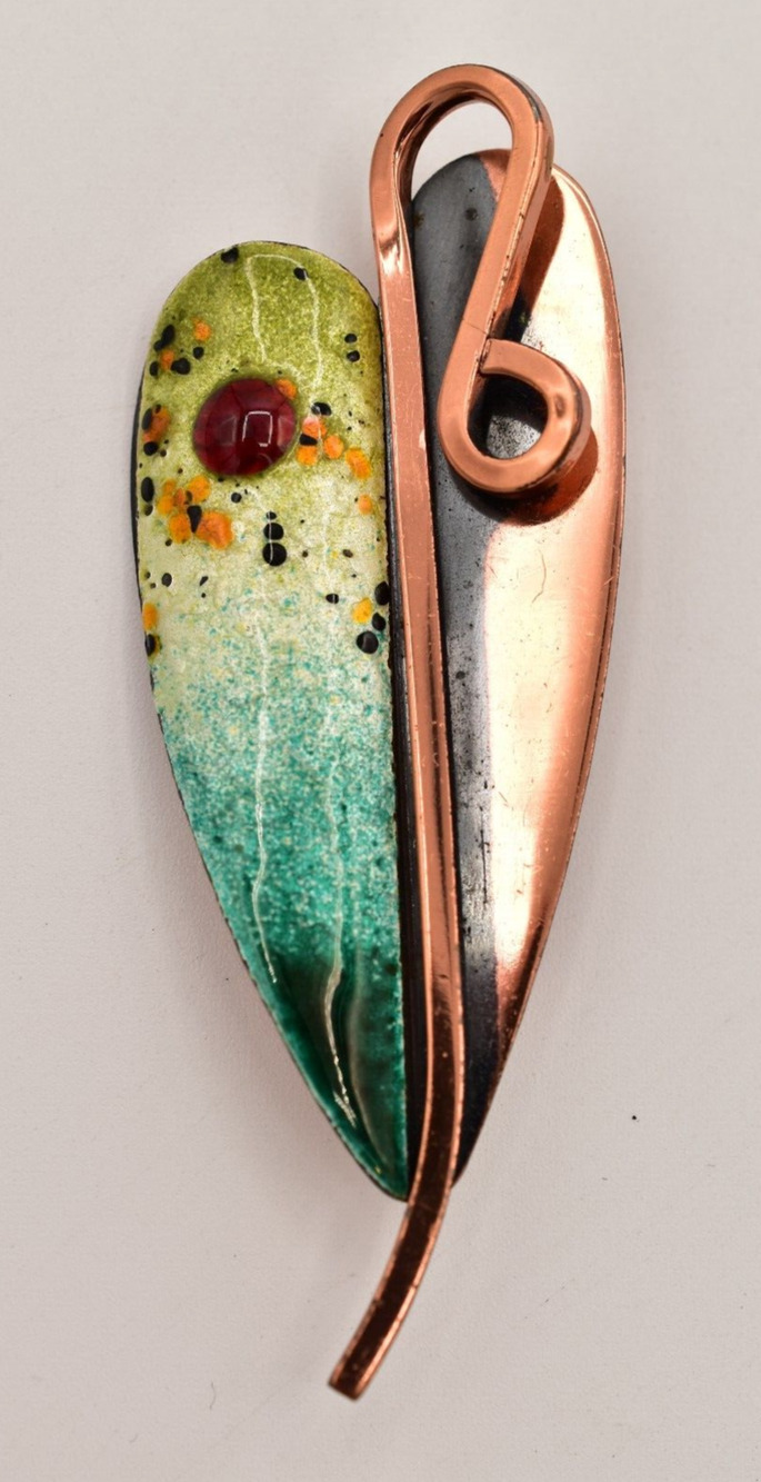 Matisse Renoir Leaf Brooch Pin Copper Abstract Enamel Vintage Signed 1950s BinBG